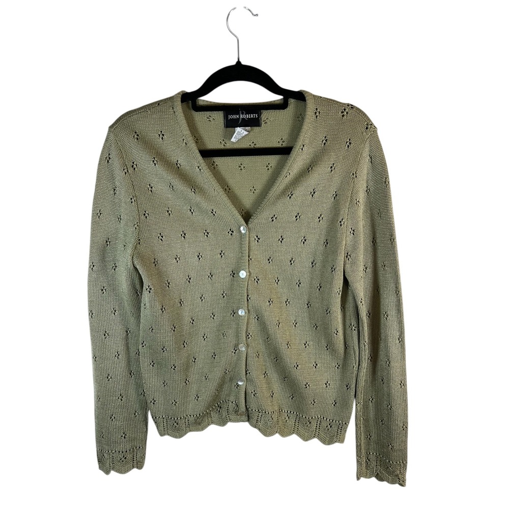 John‎ Roberts Sage Green Pointelle Knit Cardigan Scalloped Hem V-Neck Sweater 16